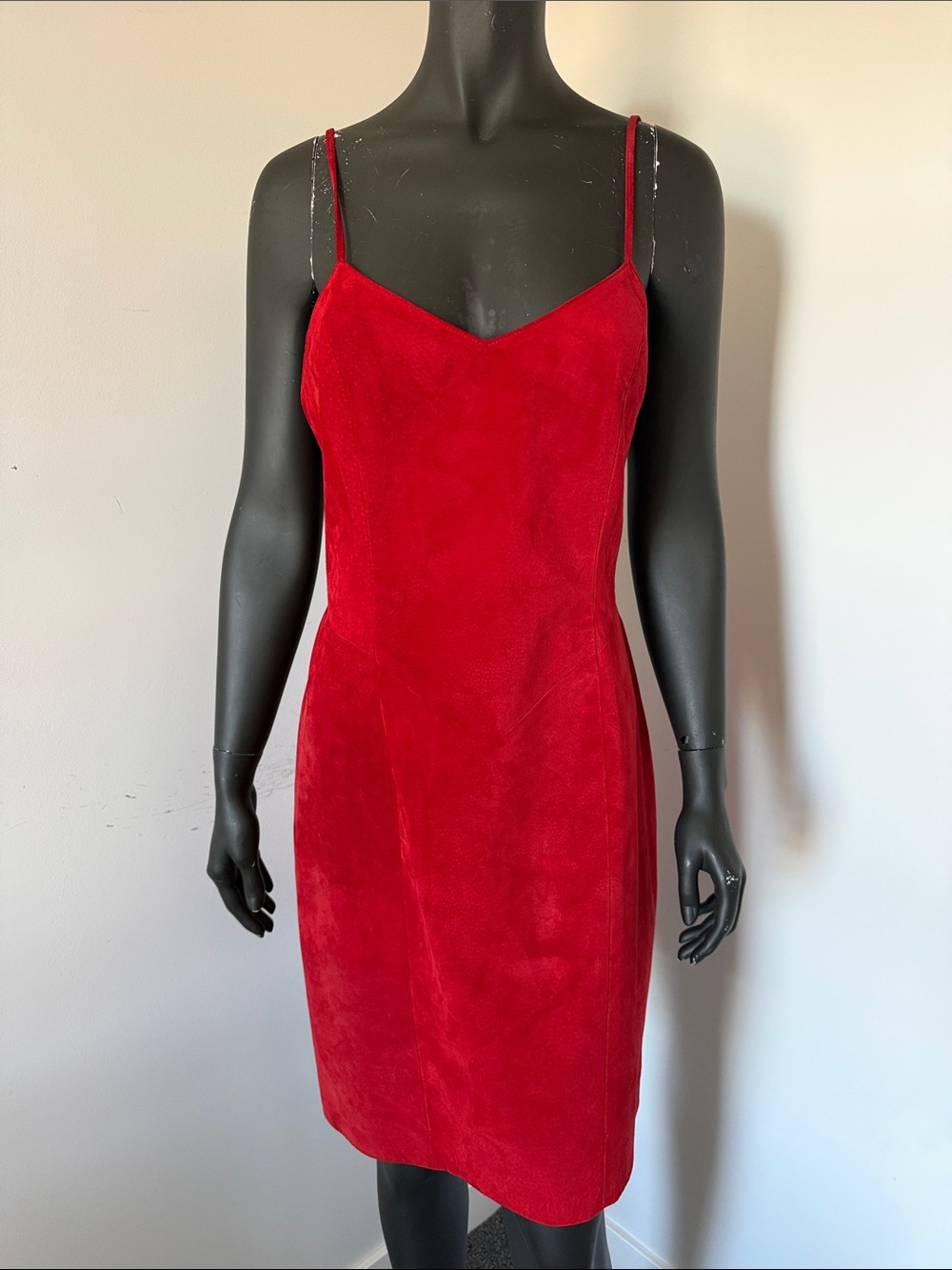 406. Danier Suede Leather Red Spaghetti Strap Dress - Large